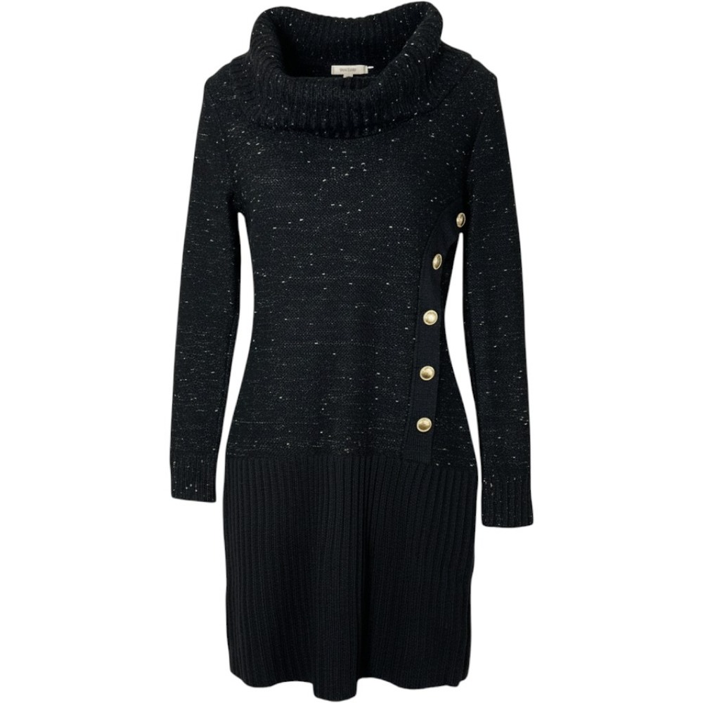 BCX Black Marled Knit Cowl Neck Sweater Dress Gold Buttons Ribbed Hem Versatile